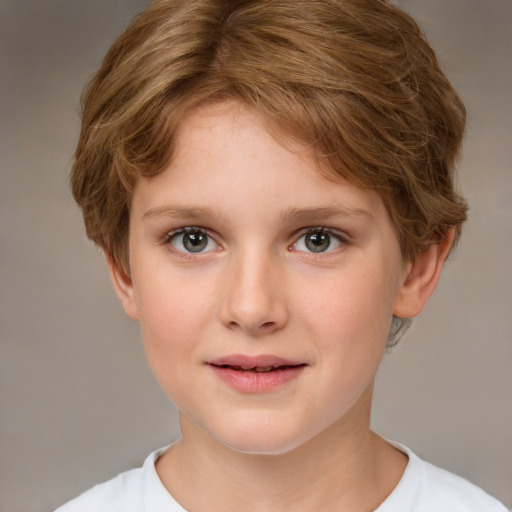 Joyful white child female with short  brown hair and brown eyes