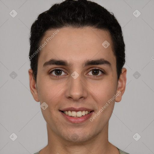 Joyful white young-adult male with short  brown hair and brown eyes