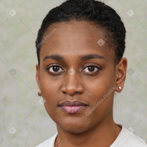 Neutral black young-adult female with short  black hair and brown eyes