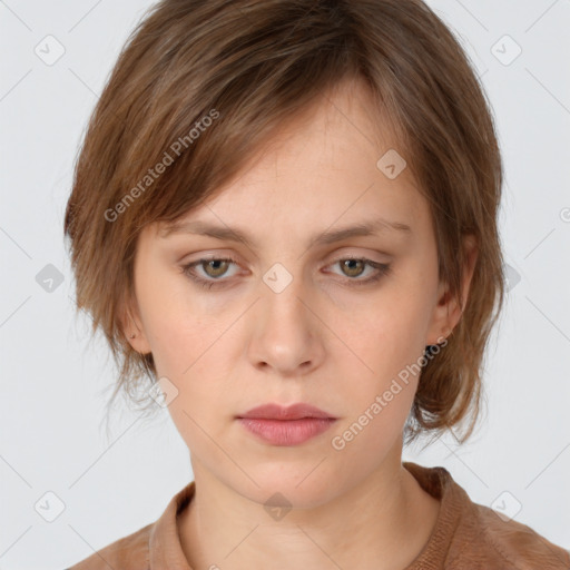 Neutral white young-adult female with medium  brown hair and brown eyes