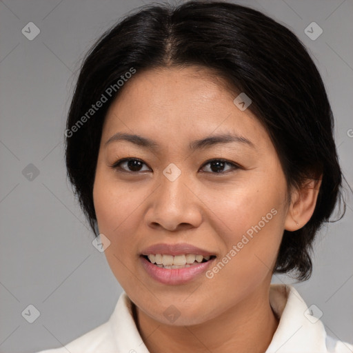 Joyful asian young-adult female with medium  brown hair and brown eyes