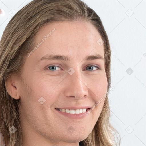 Joyful white young-adult female with long  brown hair and blue eyes