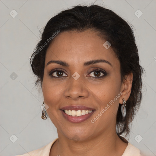 Joyful latino young-adult female with medium  brown hair and brown eyes