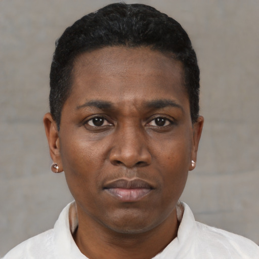 Neutral black young-adult female with short  black hair and brown eyes