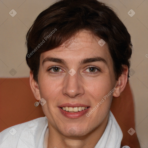 Joyful white adult female with short  brown hair and brown eyes