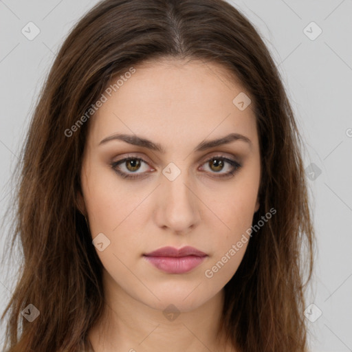 Neutral white young-adult female with long  brown hair and brown eyes