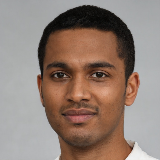 Neutral black young-adult male with short  black hair and brown eyes