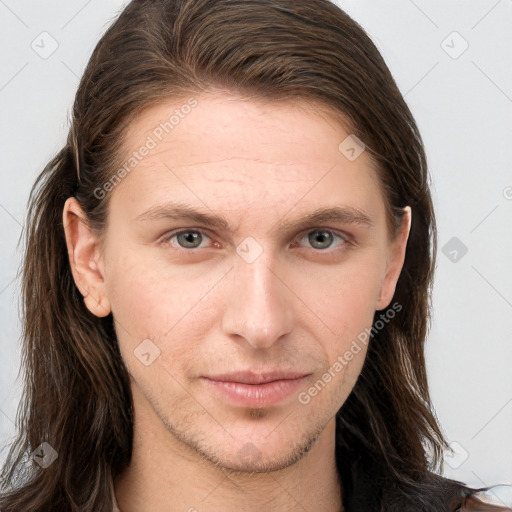 Neutral white young-adult female with long  brown hair and grey eyes
