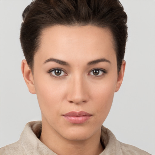 Neutral white young-adult female with short  brown hair and brown eyes