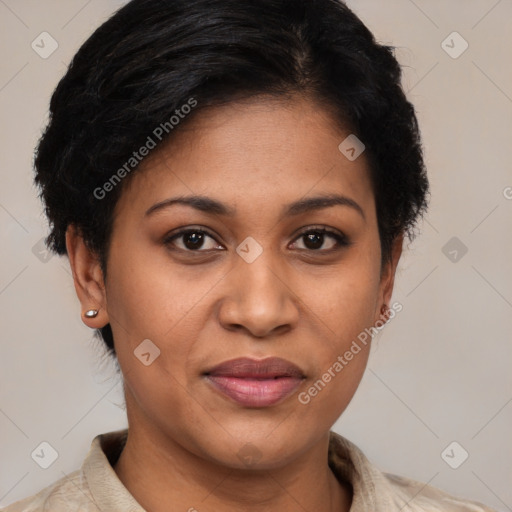 Joyful latino young-adult female with short  brown hair and brown eyes