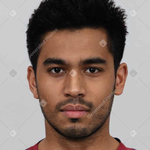Neutral latino young-adult male with short  black hair and brown eyes