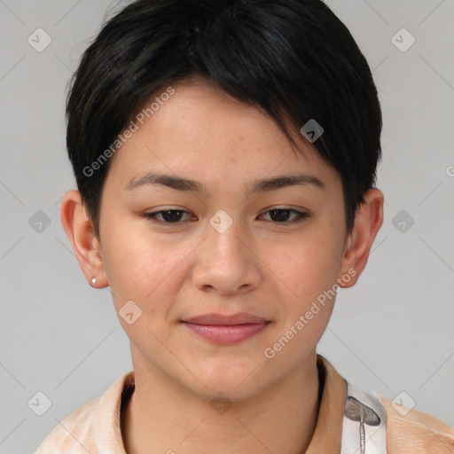 Joyful asian young-adult female with short  brown hair and brown eyes