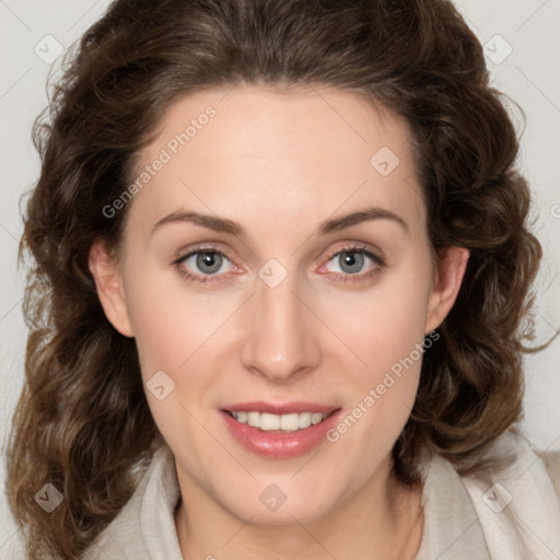 Joyful white young-adult female with medium  brown hair and green eyes