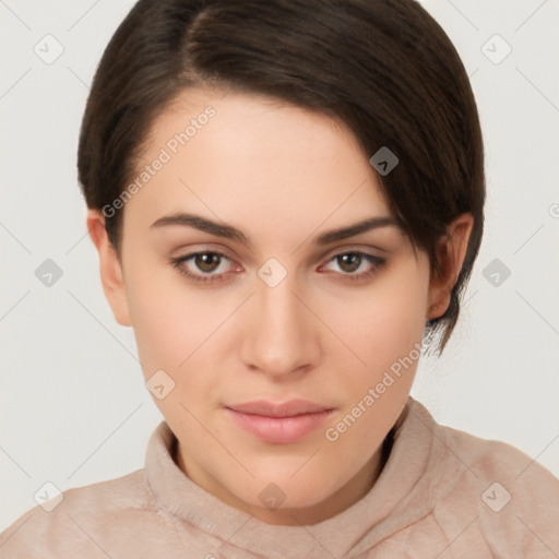 Neutral white young-adult female with short  brown hair and brown eyes