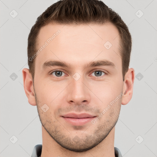 Neutral white young-adult male with short  brown hair and grey eyes