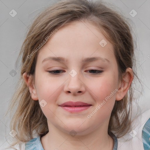 Joyful white child female with medium  brown hair and brown eyes