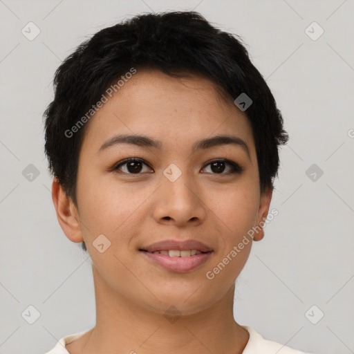 Joyful asian young-adult female with short  brown hair and brown eyes