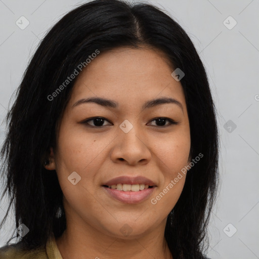 Joyful asian young-adult female with long  brown hair and brown eyes