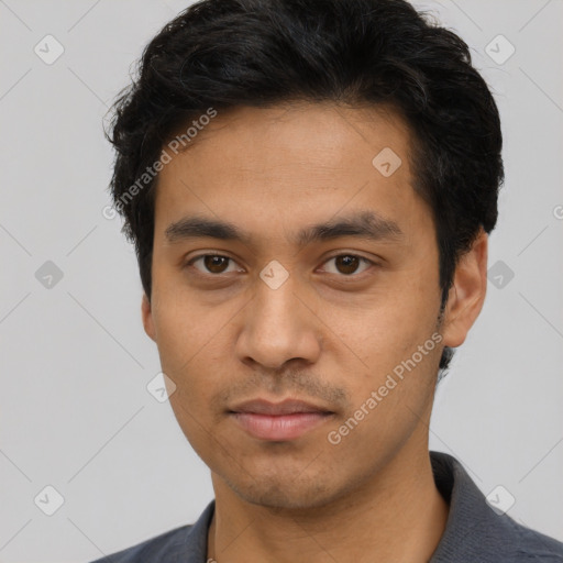 Neutral asian young-adult male with short  black hair and brown eyes