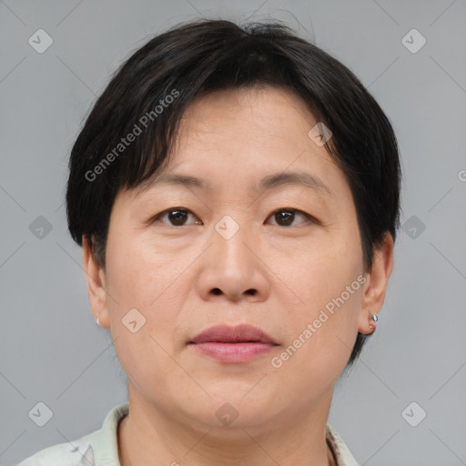 Joyful asian adult female with short  brown hair and brown eyes