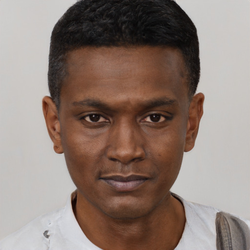Neutral black young-adult male with short  black hair and brown eyes