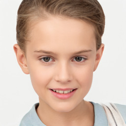 Joyful white child female with short  brown hair and brown eyes