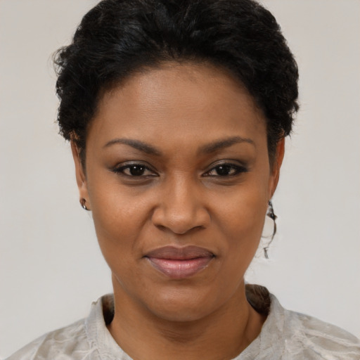 Joyful black young-adult female with short  black hair and brown eyes