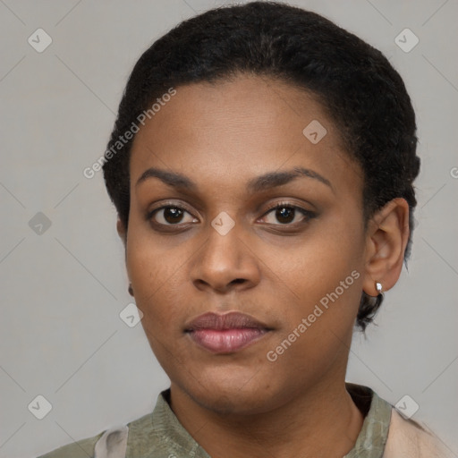 Neutral black young-adult female with short  black hair and brown eyes