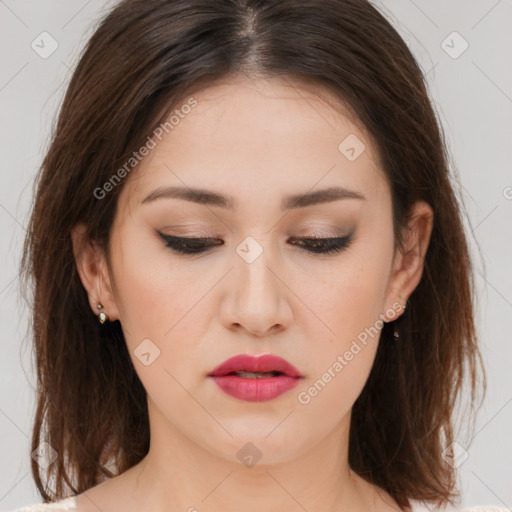 Neutral white young-adult female with medium  brown hair and brown eyes