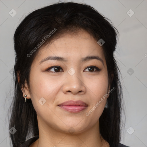 Joyful asian young-adult female with medium  brown hair and brown eyes