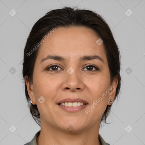 Joyful white adult female with medium  brown hair and brown eyes