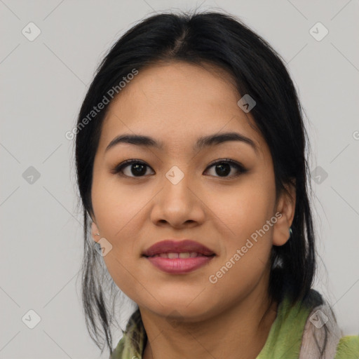 Joyful asian young-adult female with medium  brown hair and brown eyes