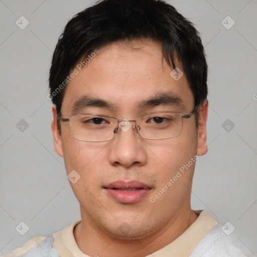 Neutral asian young-adult male with short  black hair and brown eyes