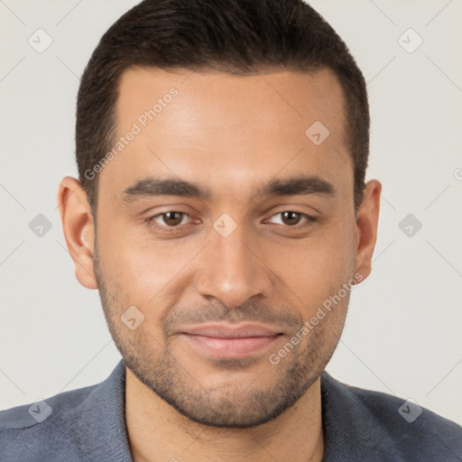 Joyful white young-adult male with short  brown hair and brown eyes