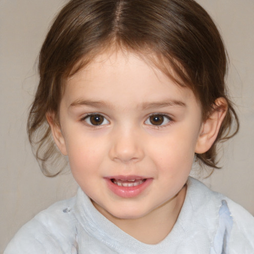 Joyful white child female with medium  brown hair and brown eyes