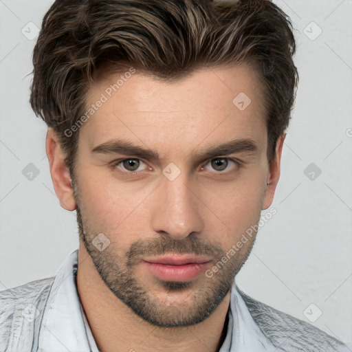 Neutral white young-adult male with short  brown hair and brown eyes