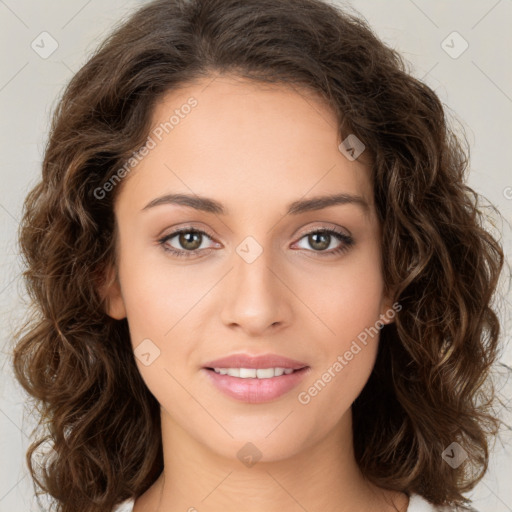 Joyful white young-adult female with medium  brown hair and green eyes