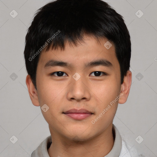 Neutral asian young-adult male with short  brown hair and brown eyes