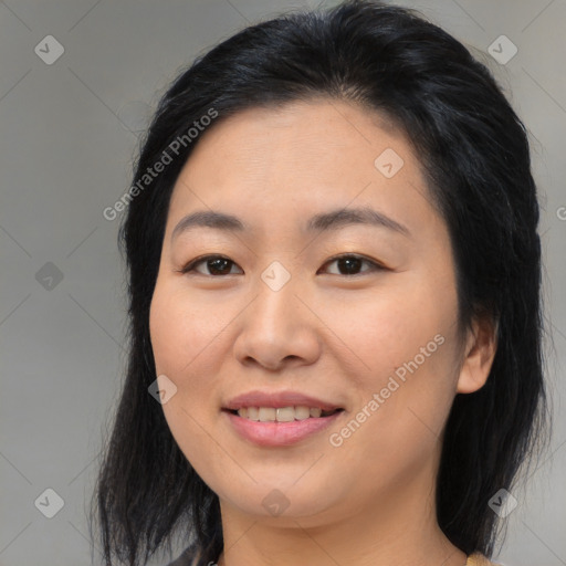 Joyful asian young-adult female with medium  brown hair and brown eyes