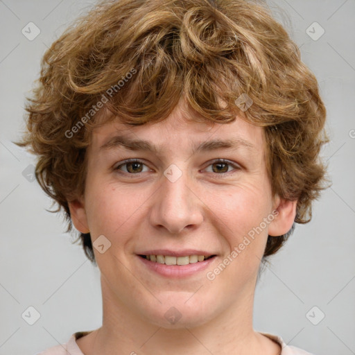 Joyful white young-adult female with medium  brown hair and green eyes