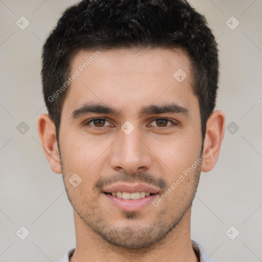 Joyful white young-adult male with short  brown hair and brown eyes