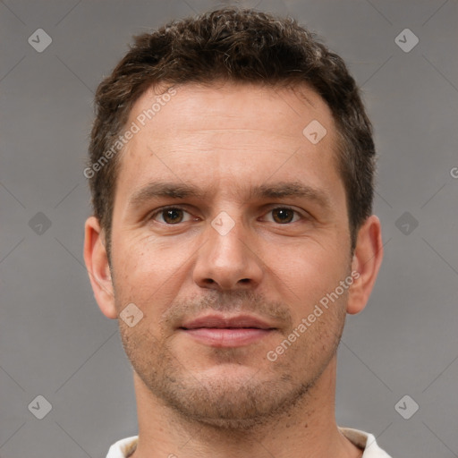 Neutral white adult male with short  brown hair and brown eyes