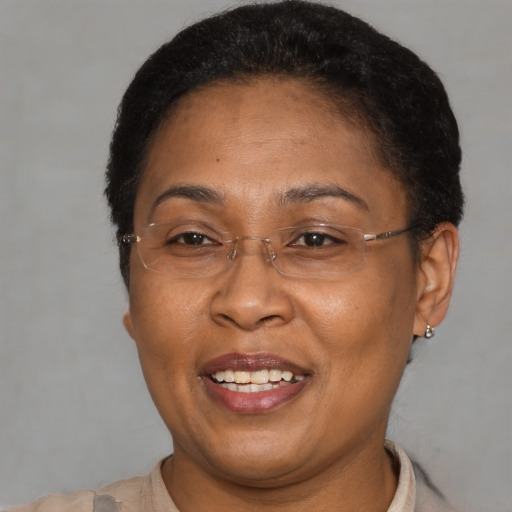 Joyful latino adult female with short  brown hair and brown eyes