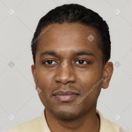 Neutral black young-adult male with short  black hair and brown eyes