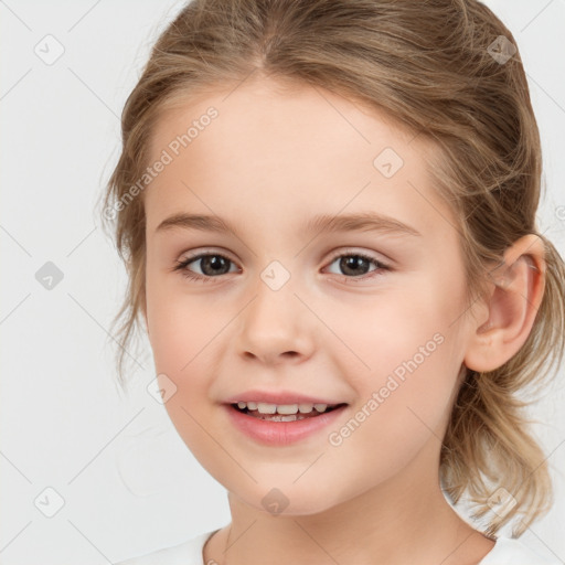 Joyful white child female with medium  brown hair and brown eyes