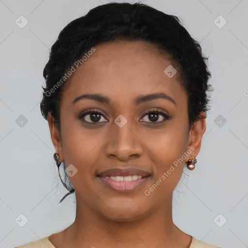 Joyful latino young-adult female with short  black hair and brown eyes