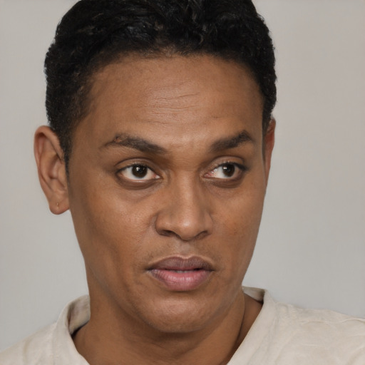 Neutral black adult male with short  brown hair and brown eyes