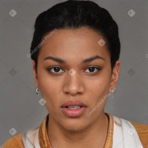 Neutral asian young-adult female with short  black hair and brown eyes