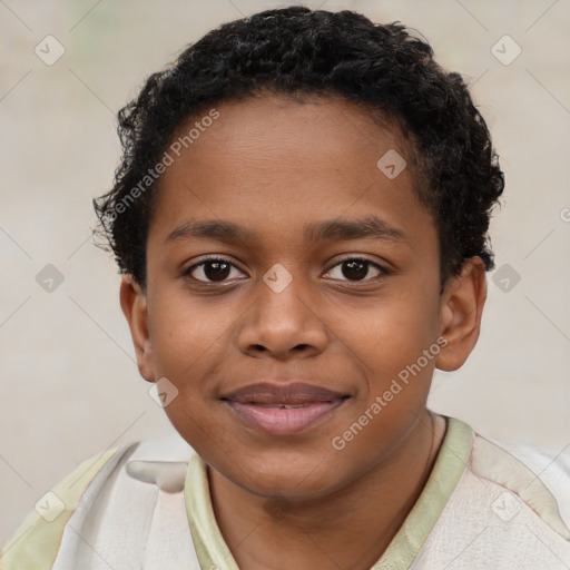 Joyful black young-adult male with short  brown hair and brown eyes