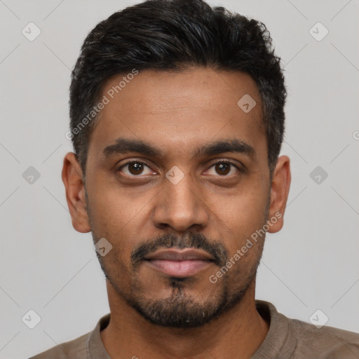 Neutral latino young-adult male with short  black hair and brown eyes